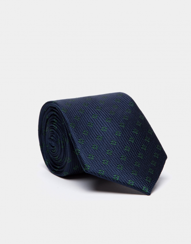 Navy blue silk tie with green geometric jacquard 