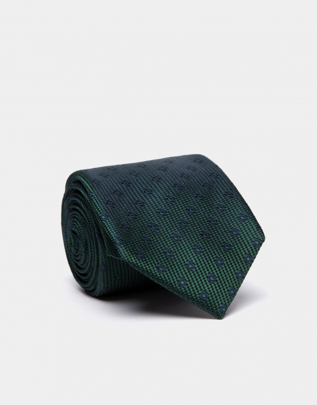 Corbata de seda verde con jacquard geométrico cuadrado marino