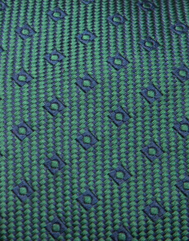 Green silk tie with navy blue geometric checked jacquard