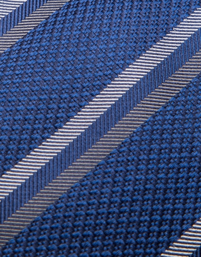 Corbata de seda azul marino y rayas en tonos crudo/visón oscuro