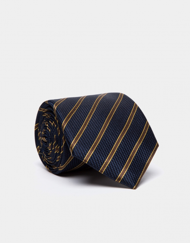 Dark blue silk tie with brown/gold stripes