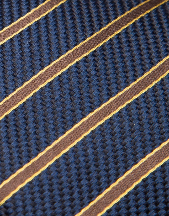Corbata de seda azul oscuro y rayas marrón/dorado