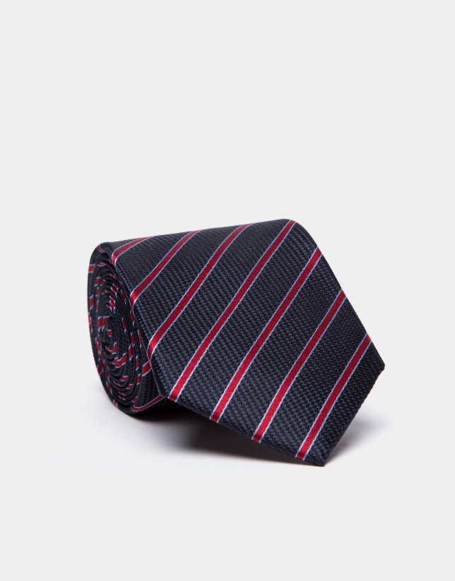 Blue silk tie with light blue/red stripes