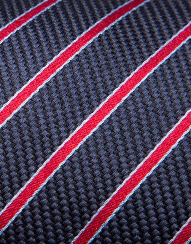 Corbata de seda azul con rayas celeste/rojo