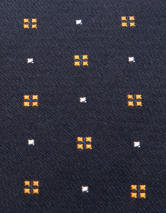 Corbata de seda azul oscuro con jacquard geométrico dorado/crudo