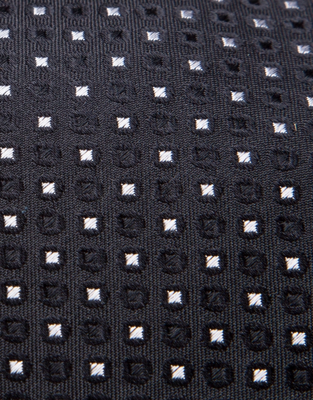 Corbata de seda negra con jacquard geométrico plata