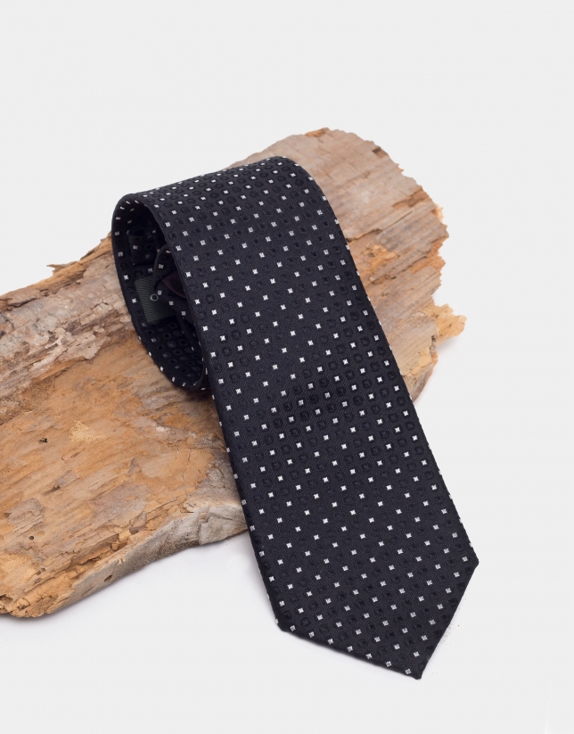 Black silk tie with silver geometric jacquard