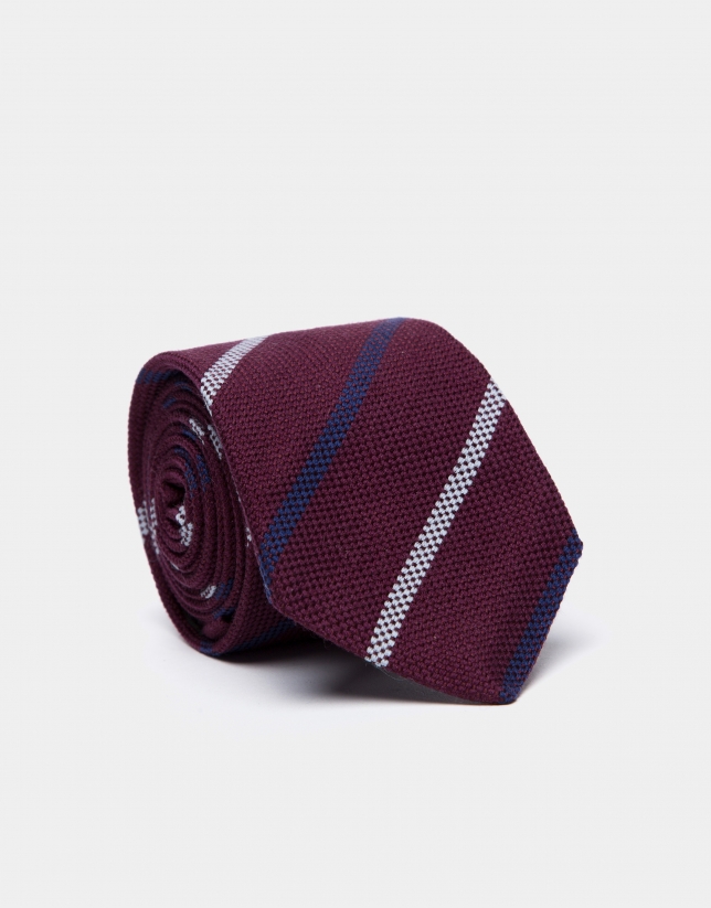 Burgundy silk/wool tie with silver/blue stripes