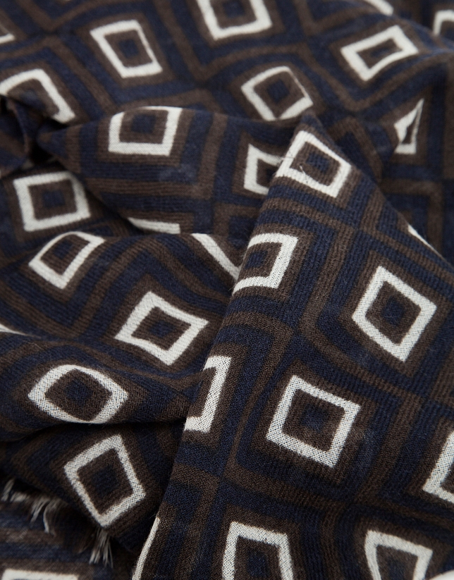 Brown, navy blue and beige retro print foulard