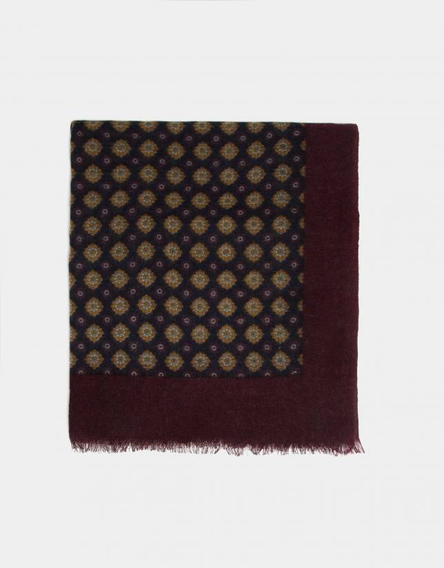 Gold, burgundy and navy blue ethnic print foulard