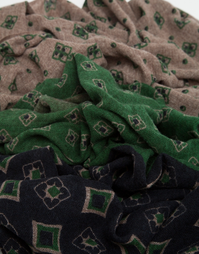Navy blue, green and mink paneled print foulard