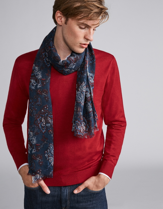 Red, white and blue floral print foulard
