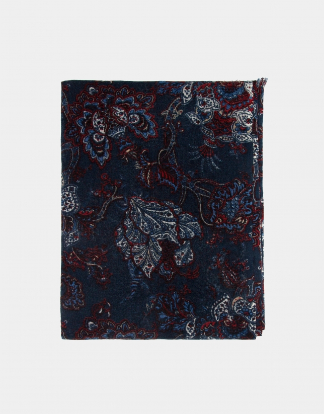 Red, white and blue floral print foulard