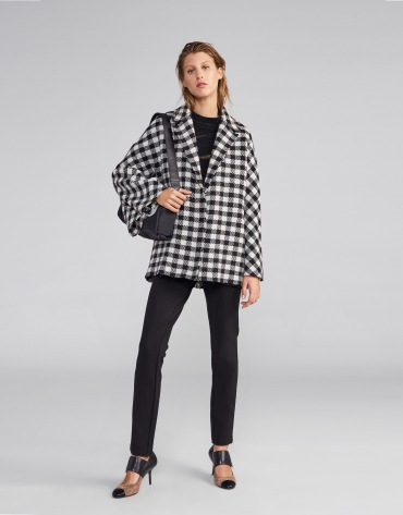 Black and white checked wool cape coat