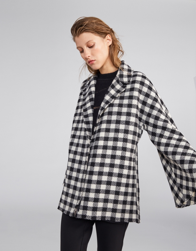 Black and white checked wool cape coat