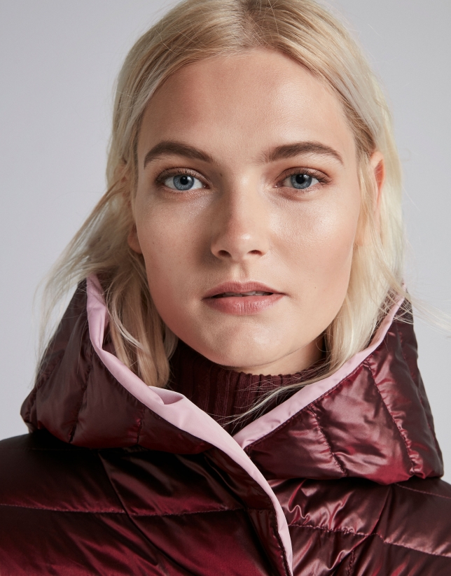 Burgundy reversible quilted long parka