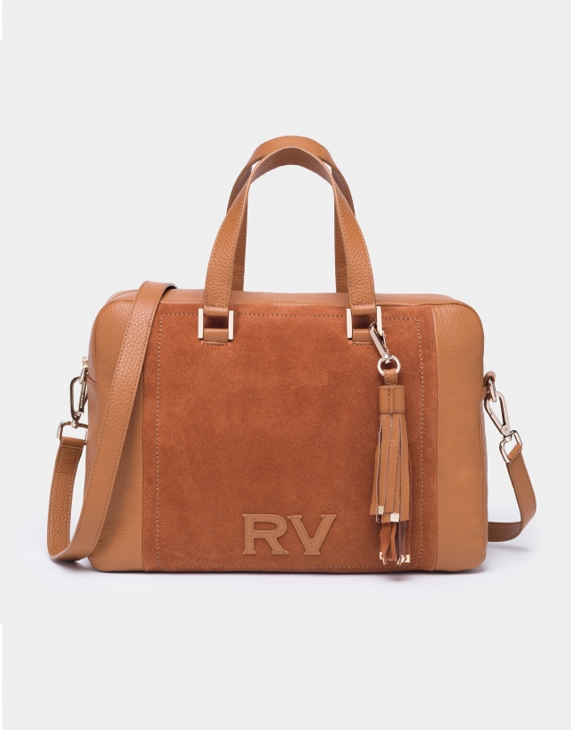 Tan leather and split leather Louvre bowling bag