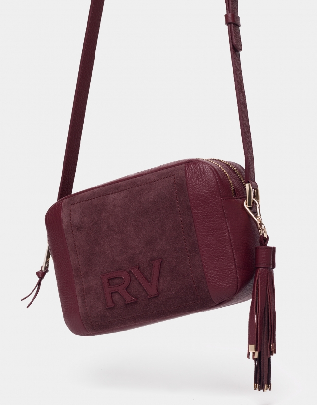 Burgundy leather and split leather Louvre shoulder bag