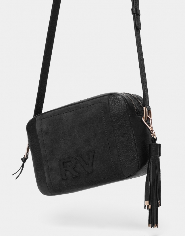 Black leather and split leather Louvre shoulder bag