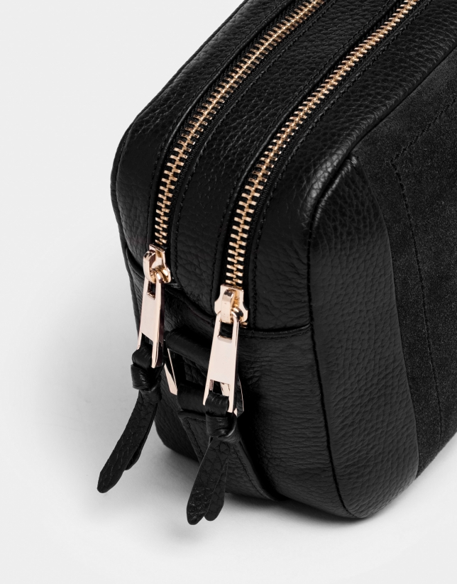 Black leather and split leather Louvre shoulder bag