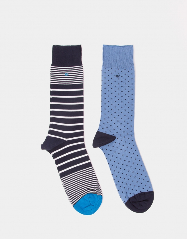 Pack calcetines azul con rayas y topos