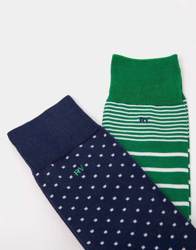 Pack of green socks with stripes and dots
