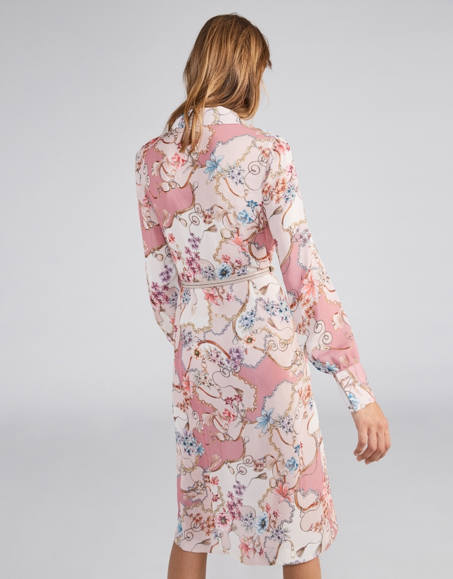 Floral shirtwaist dress with pink chains