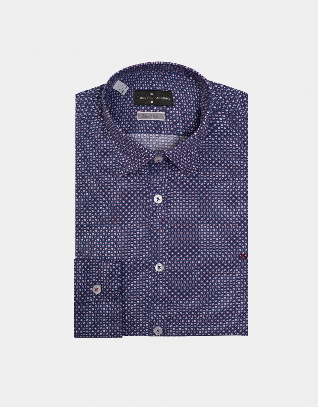 Blue sport shirt with red geometric print