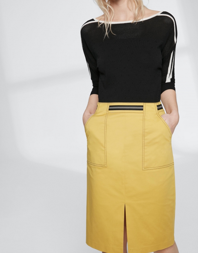 Yellow midi-skirt with gross grain at waist