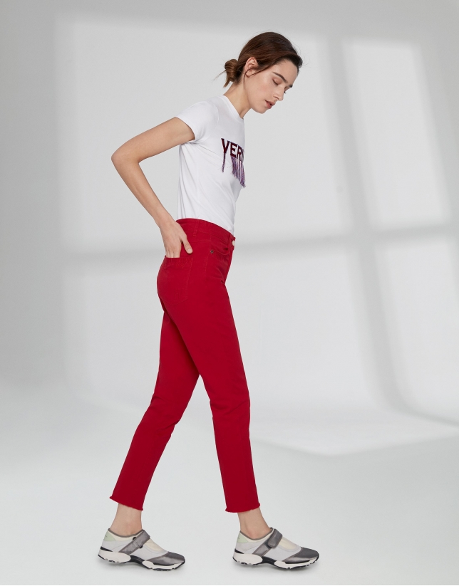 Crimson pants with fringe hem