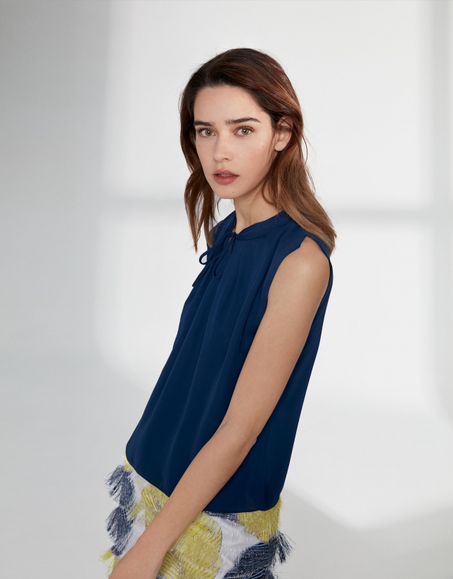 Navy blue top with folded neckline