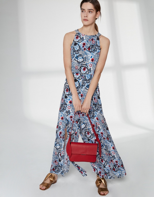 Blue and red print flowing long dress
