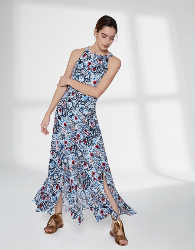 Blue and red print flowing long dress