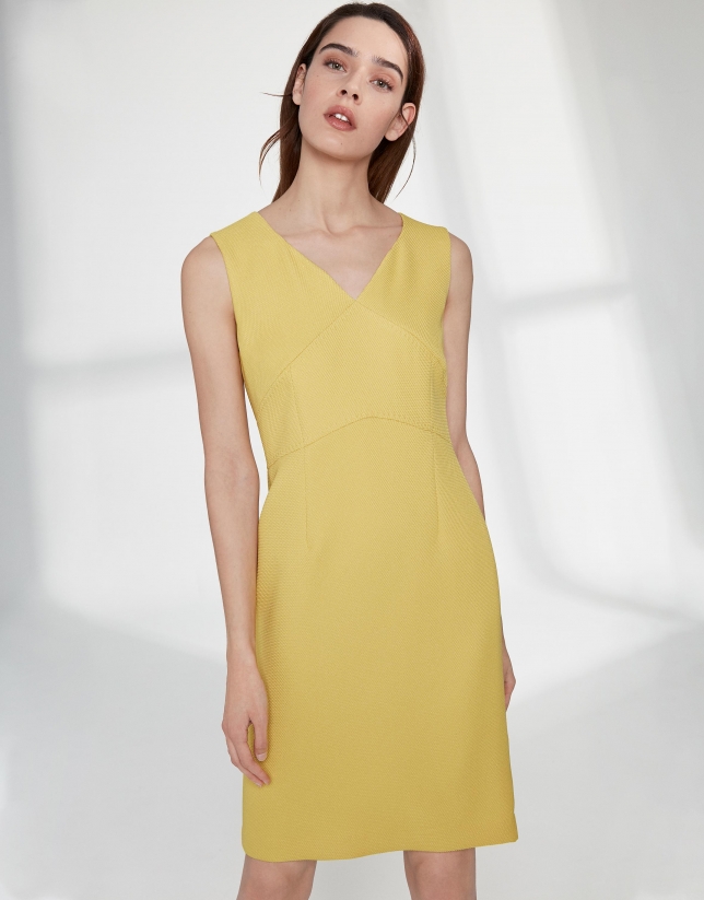 Yellow, midi piqué sleeveless dress 
