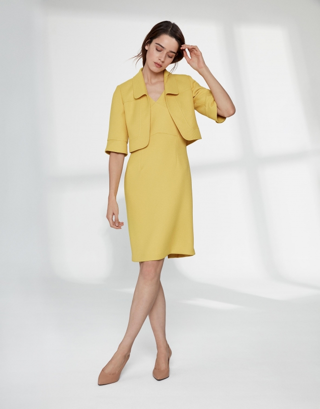 Yellow, midi piqué sleeveless dress 