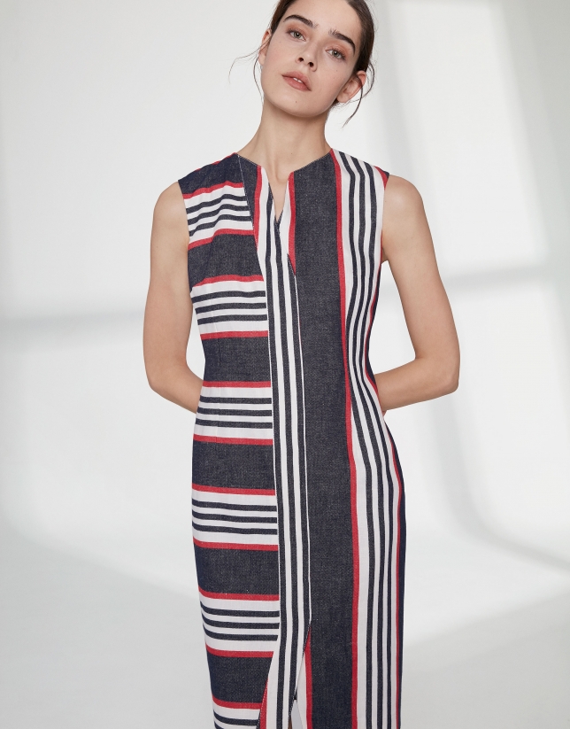 Asymmetric midi dress with sailor stripes