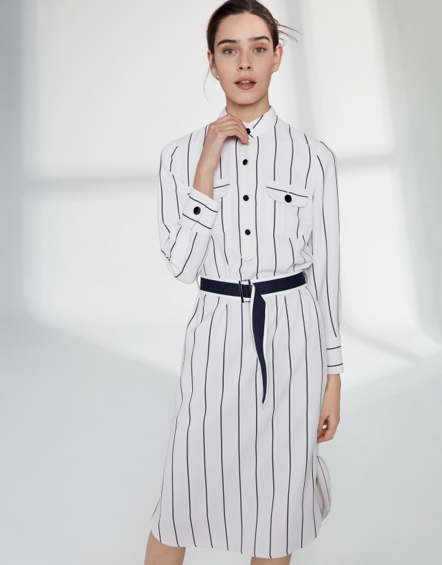 White shirtwaist dress with blue stripes
