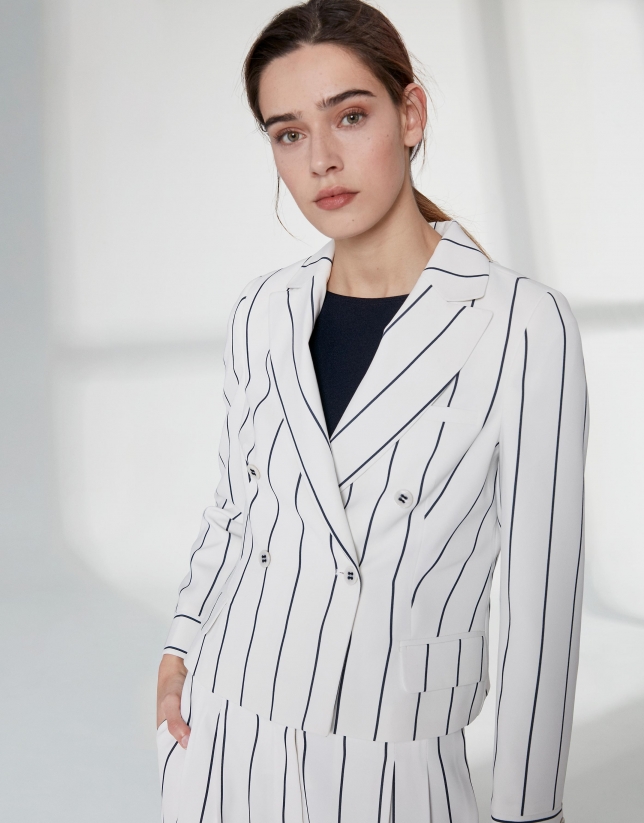 White short suit jacket with blue stripes
