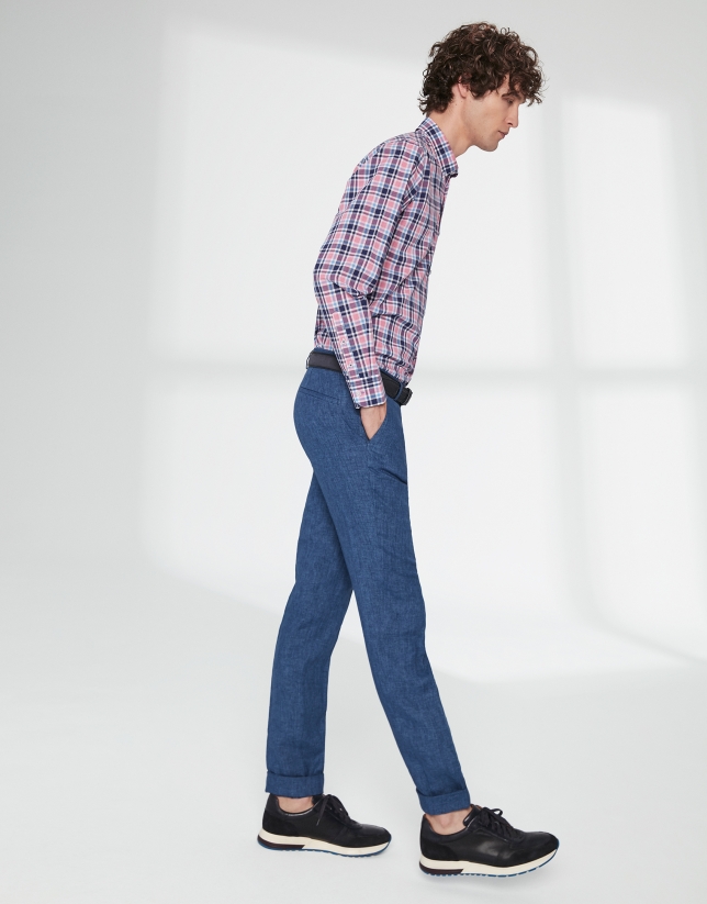 Blue linen chinos with dart