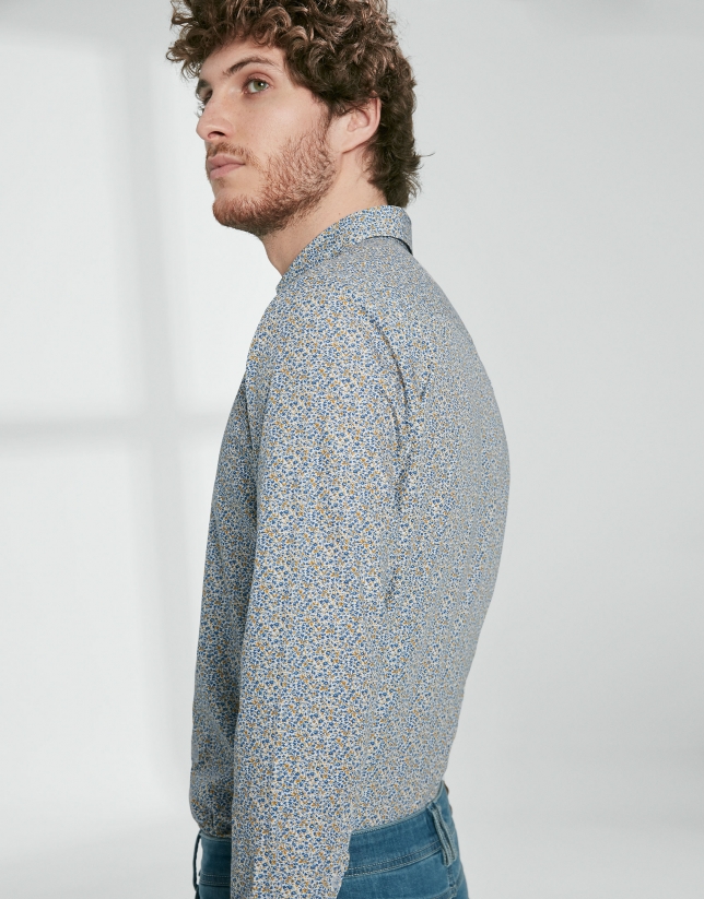 Blue and yellow floral print sport shirt