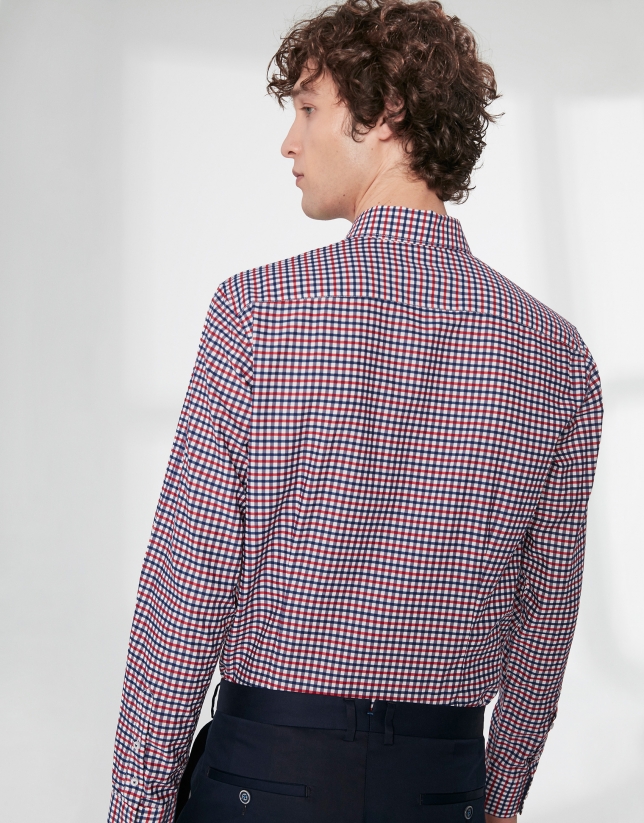 Navy blue and red Vichy checked sports shirt
