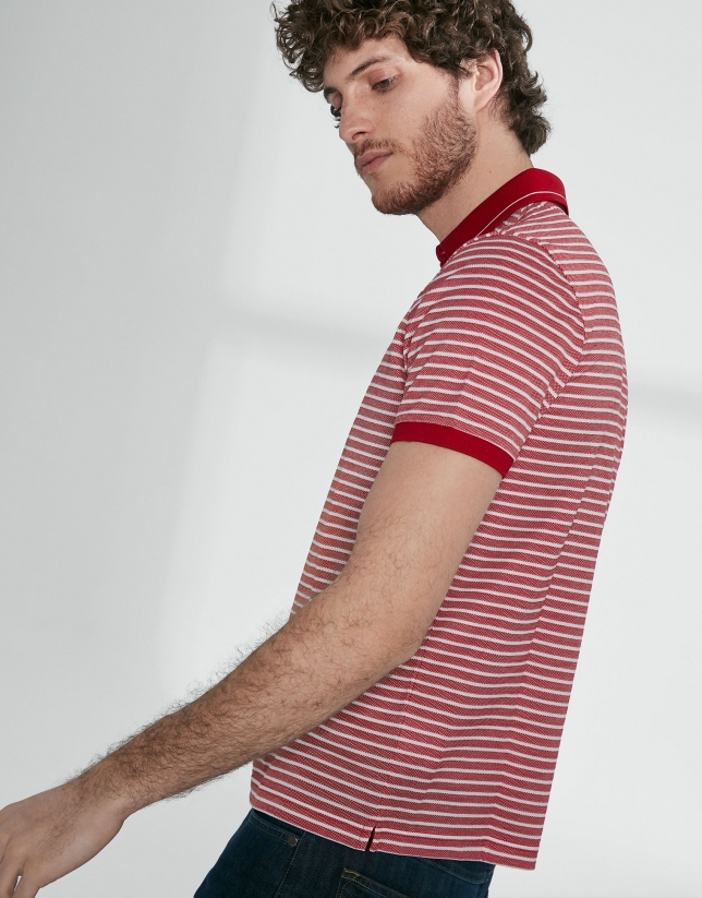 Red and white striped pique polo