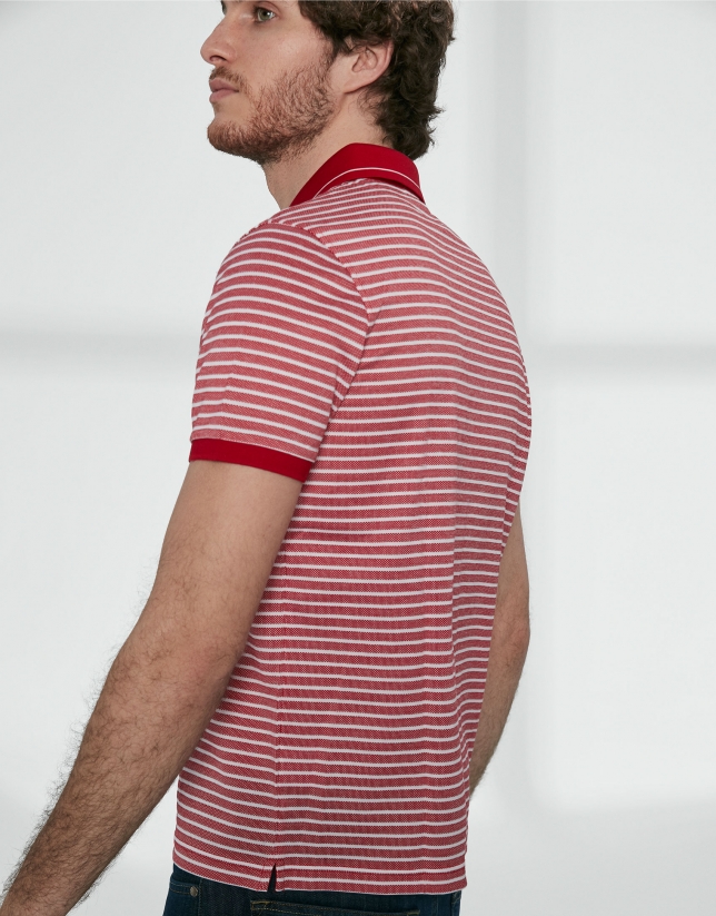 Red and white striped pique polo