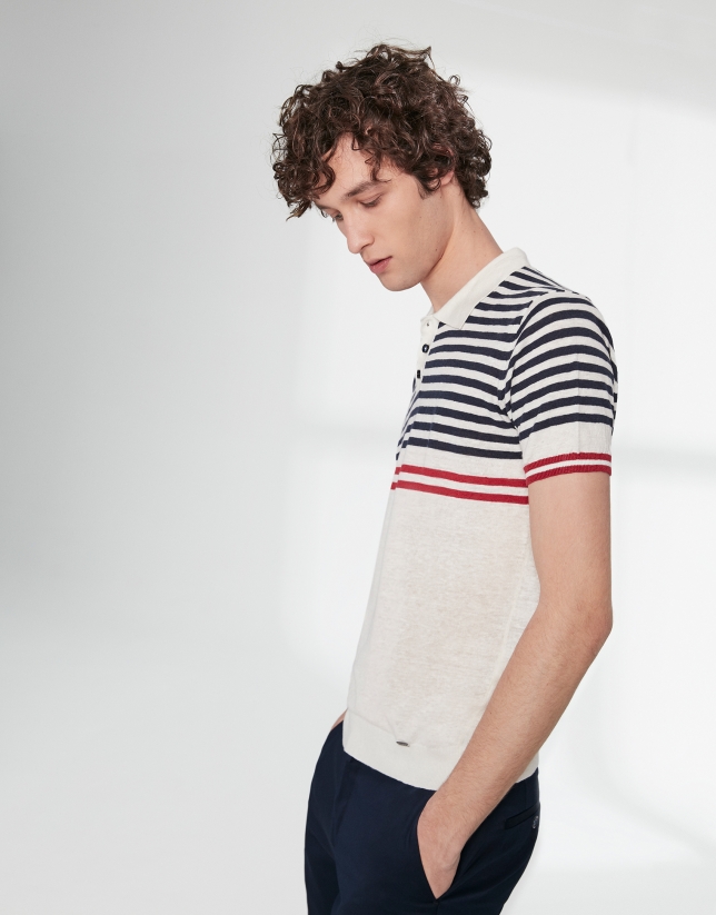 White and navy blue sailor striped tricot polo