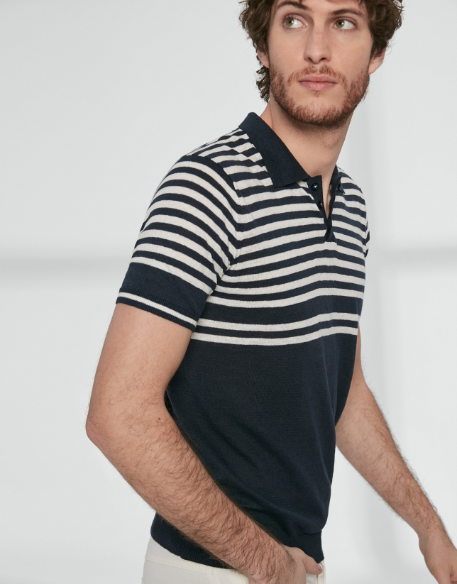 Navy blue and white sailor striped tricot polo