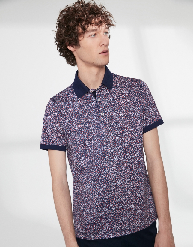 Blue and red floral mercerized cotton polo