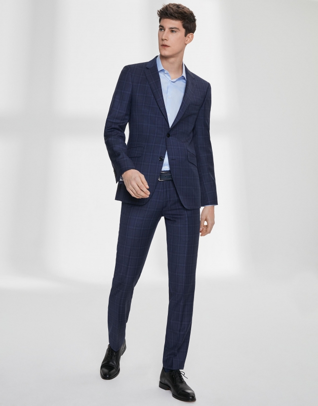 Navy blue checked wool, slim fit suit