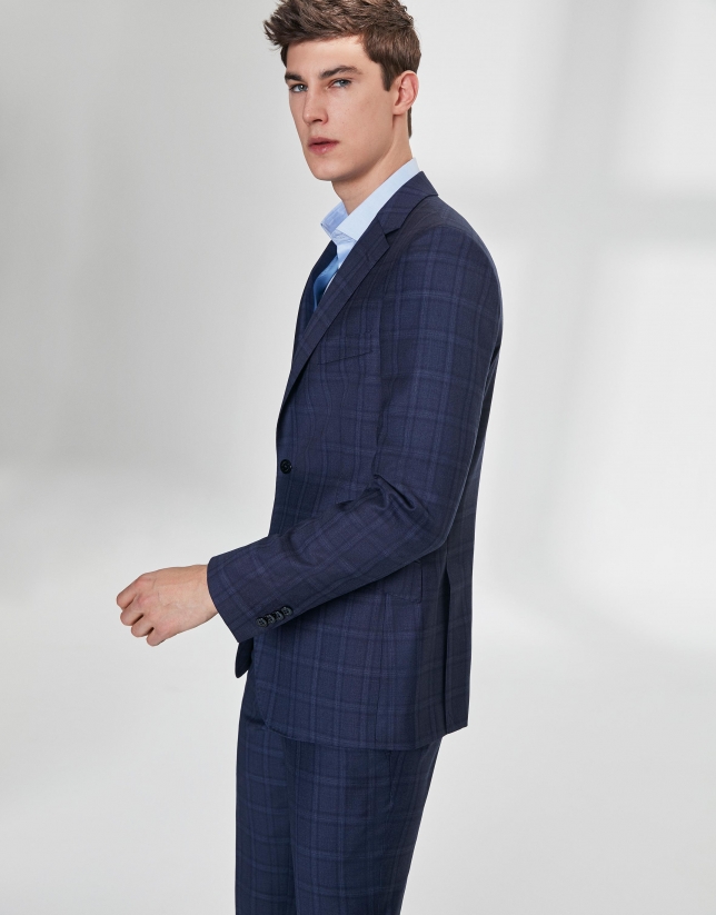 Navy blue checked wool, slim fit suit