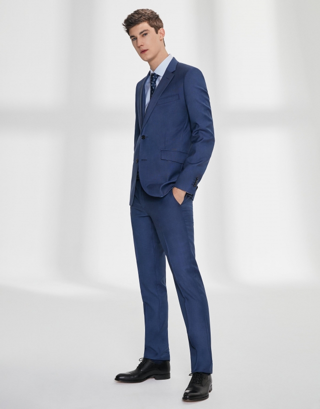 Fake plain, navy blue, virgin wool, slim fit suit