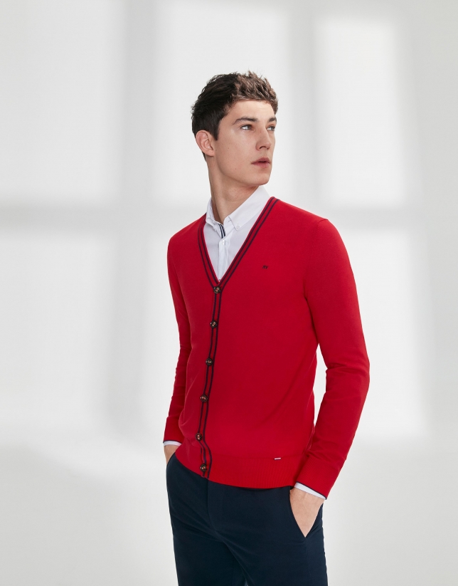 Red cotton cardigan with navy blue trim